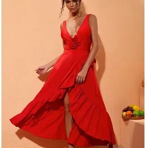 3D Flower Red Two Piece Swimsuit and Skirt  Summer Swimwear Women